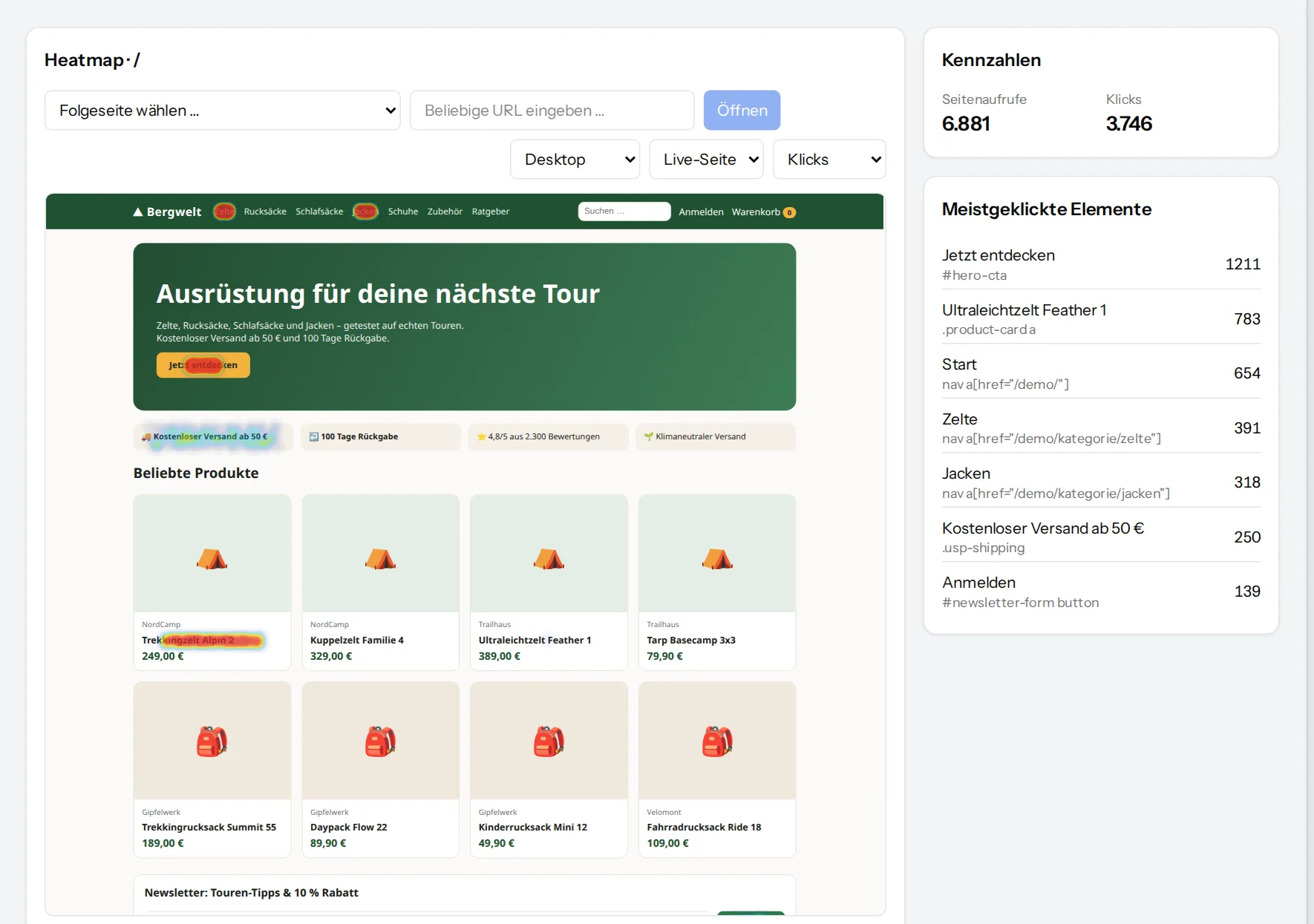 Heatmap de clics sobre la vista en vivo de la portada de una tienda con la lista de elementos más pulsados