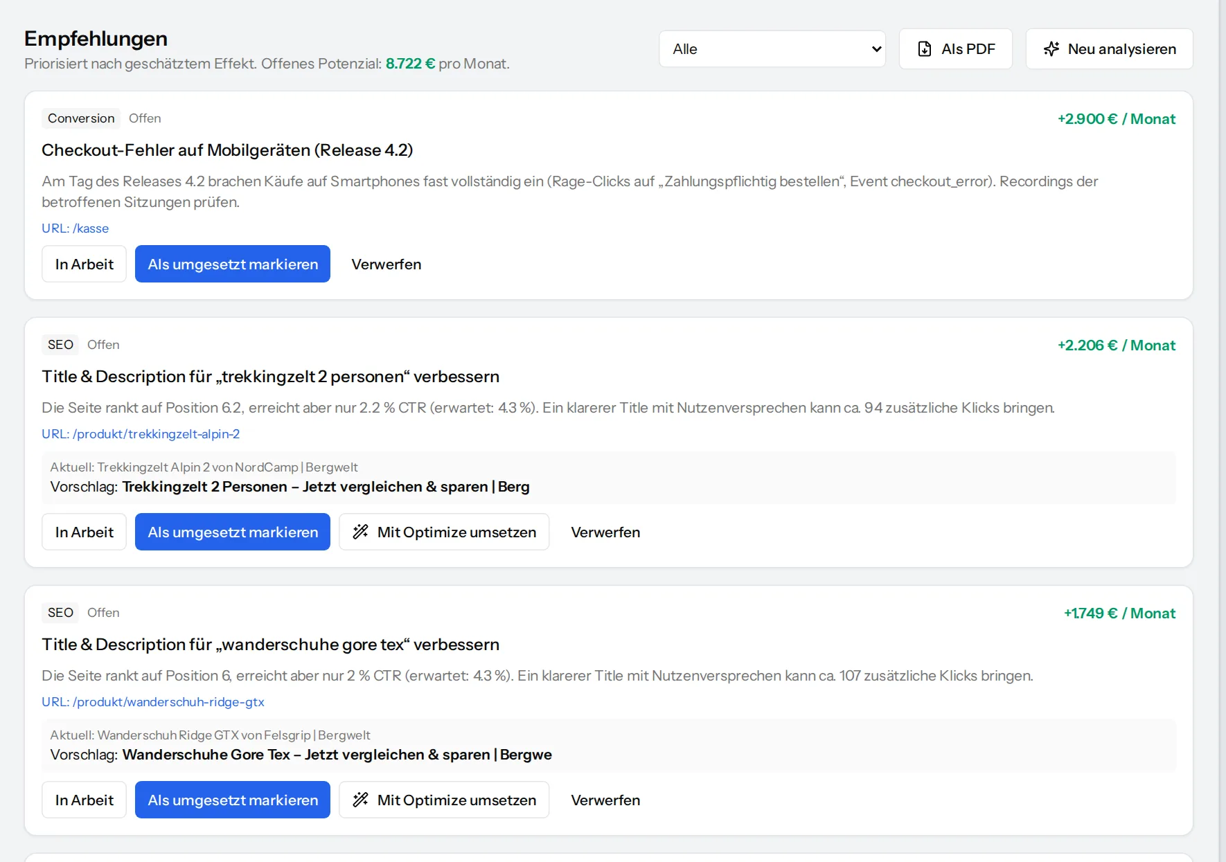 Recommendations with category, status and steps to fix