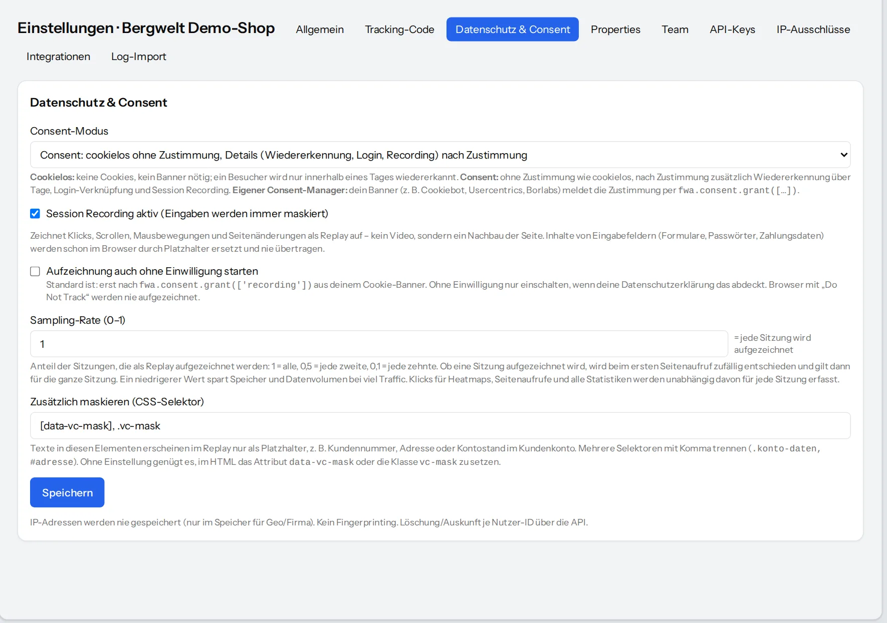 Privacy and consent settings with consent mode, session recording and sampling rate