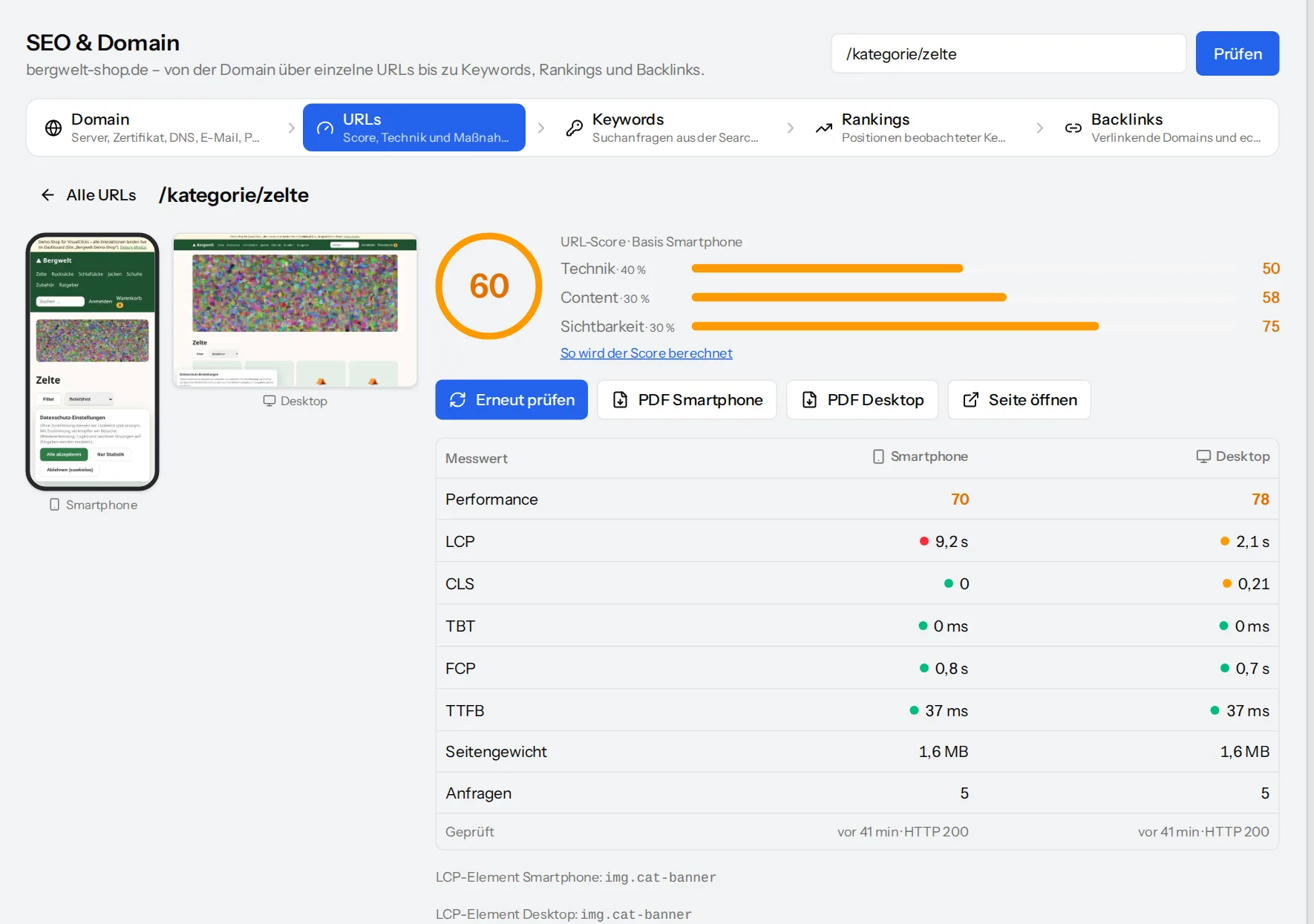 URL check with screenshots for phone and desktop, URL score and metrics of both devices